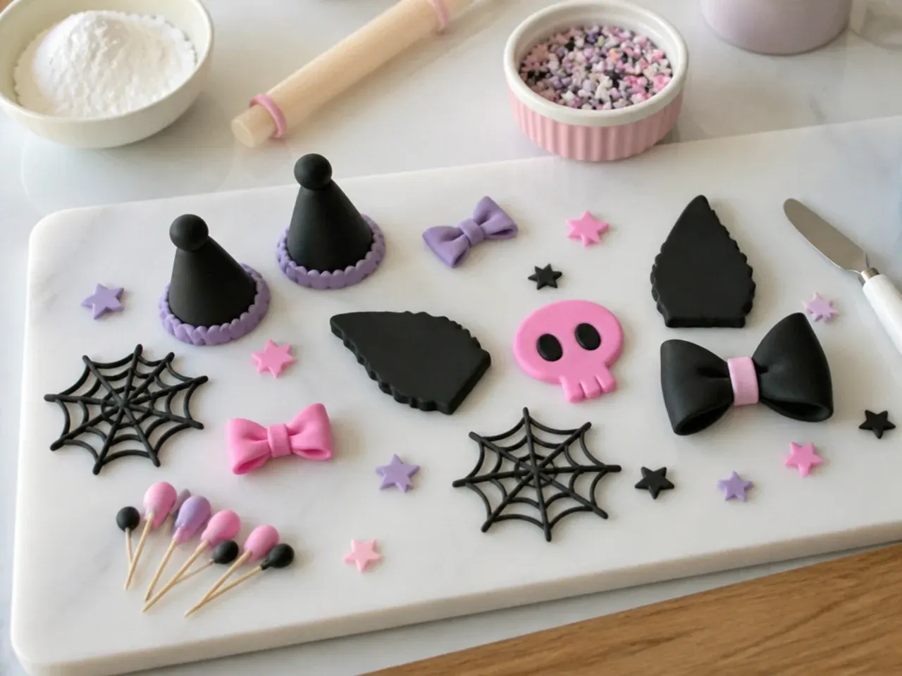 Workspace of homemade Kuromi cake topper pieces drying before assembly