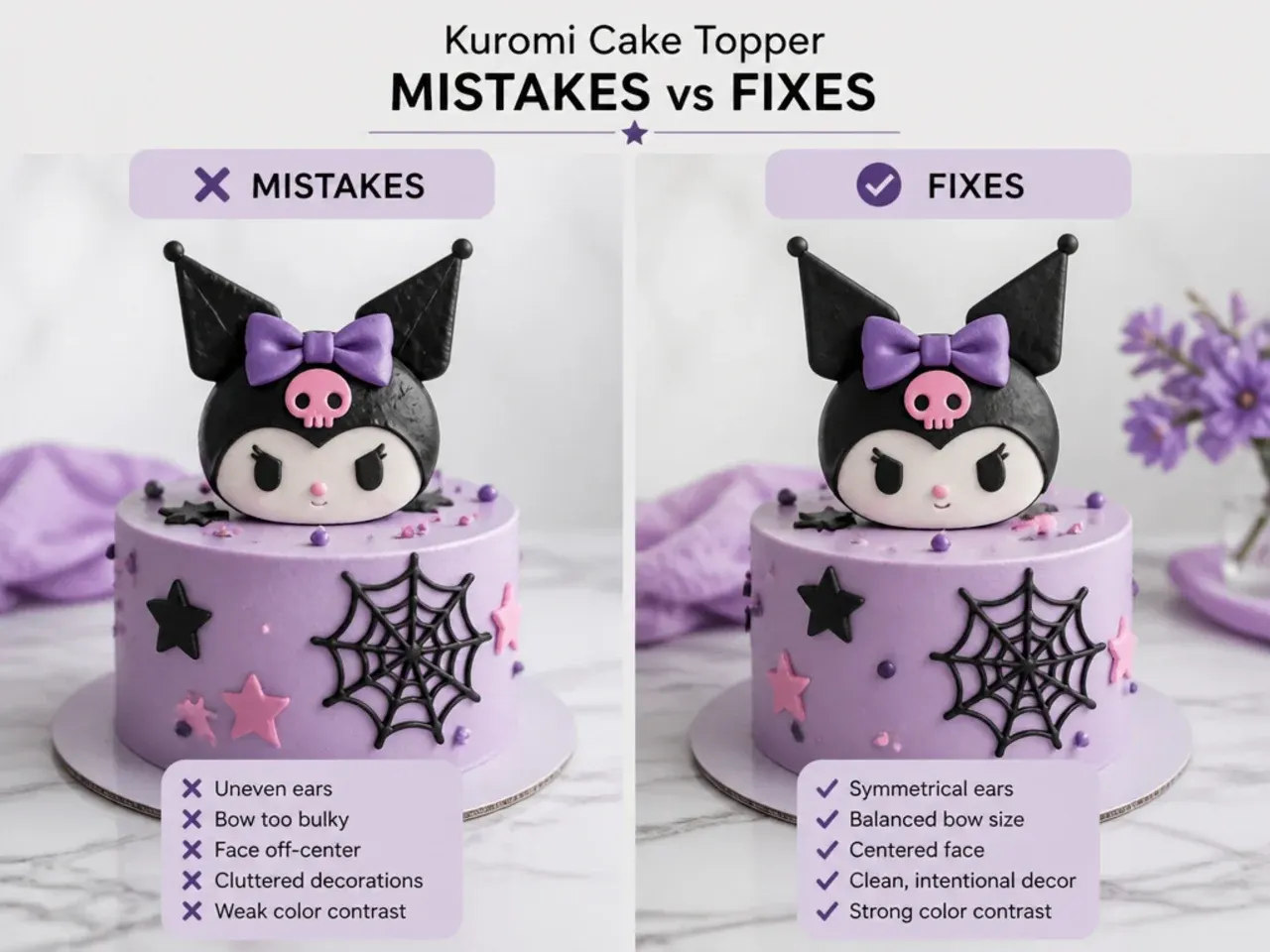 Side by side comparison of Kuromi cake topper mistakes and fixes