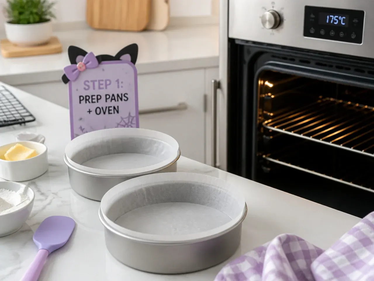 kuromi cake vs bakery — step 1: prep pans and oven