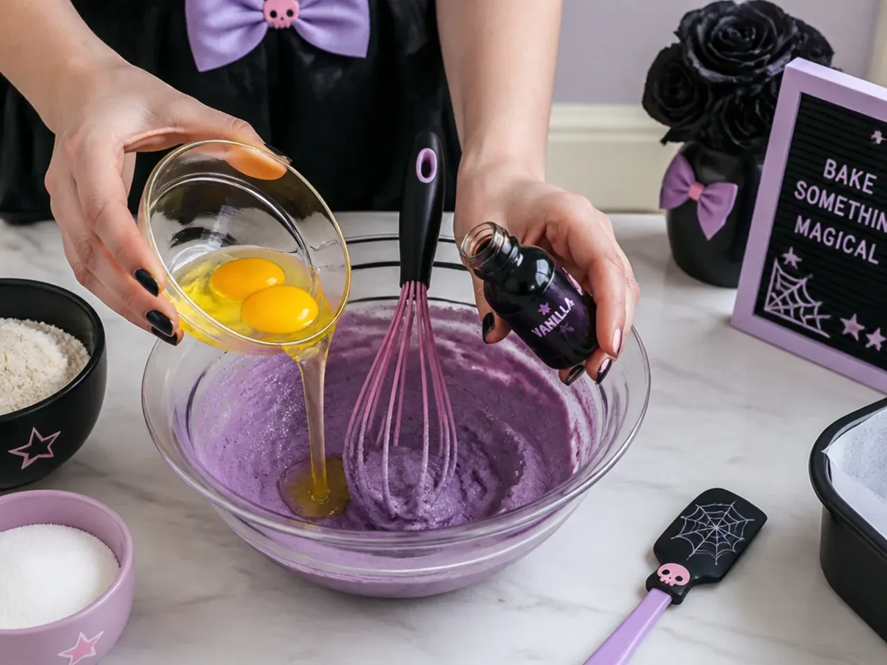kuromi cake vs bakery — step 3: add eggs and vanilla