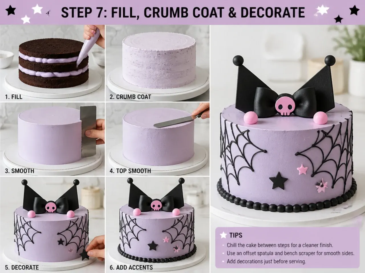 kuromi cake vs bakery — step 7: fill, crumb coat and decorate