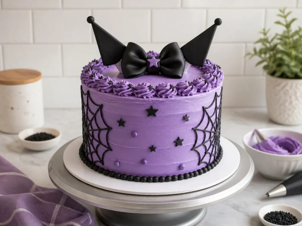 Homemade kuromi cake with purple buttercream, black bow and pointed ears on a kitchen turntable