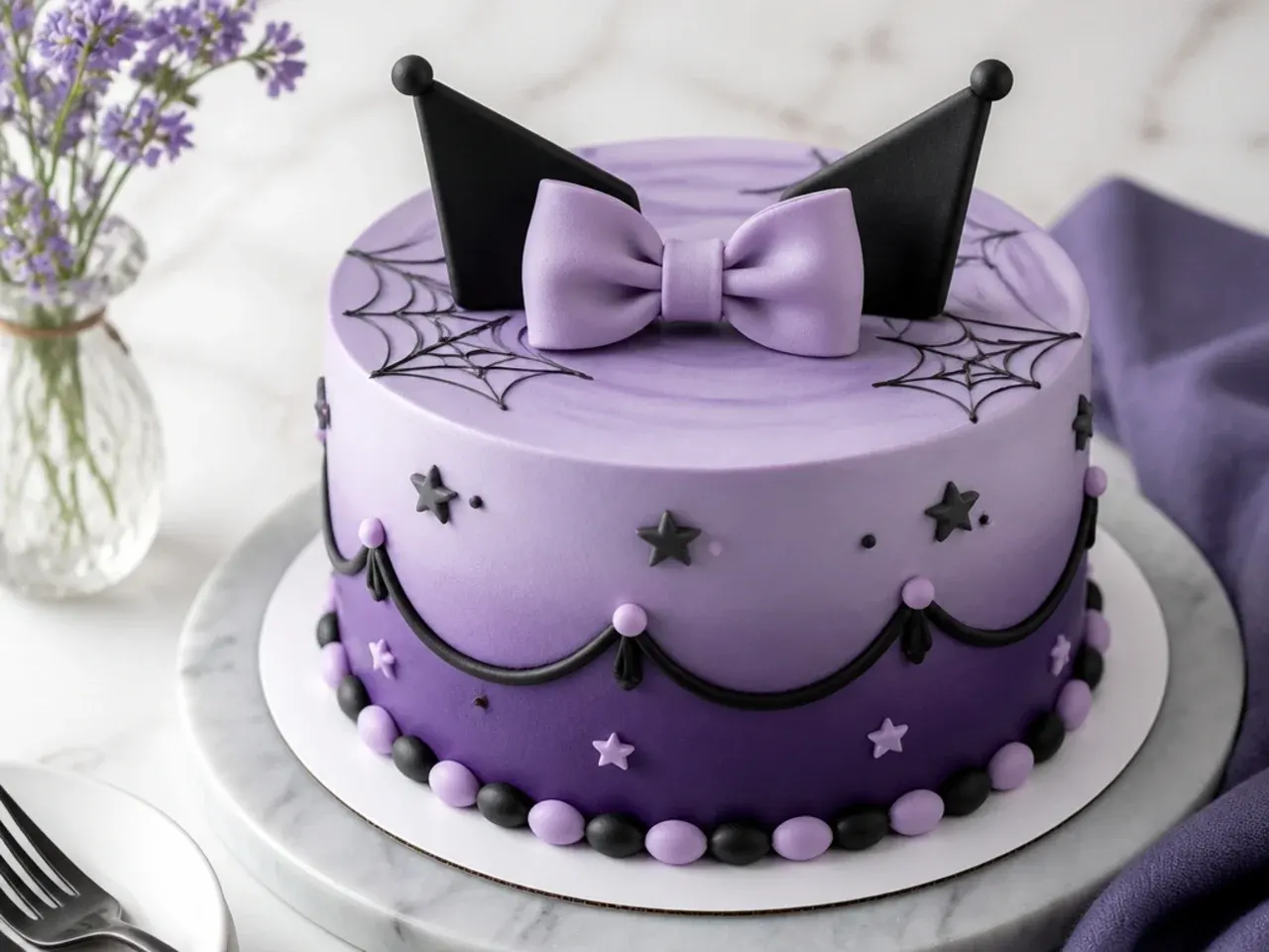 Bakery kuromi cake with smooth fondant, airbrushed purple gradient and sculpted bow on a display board