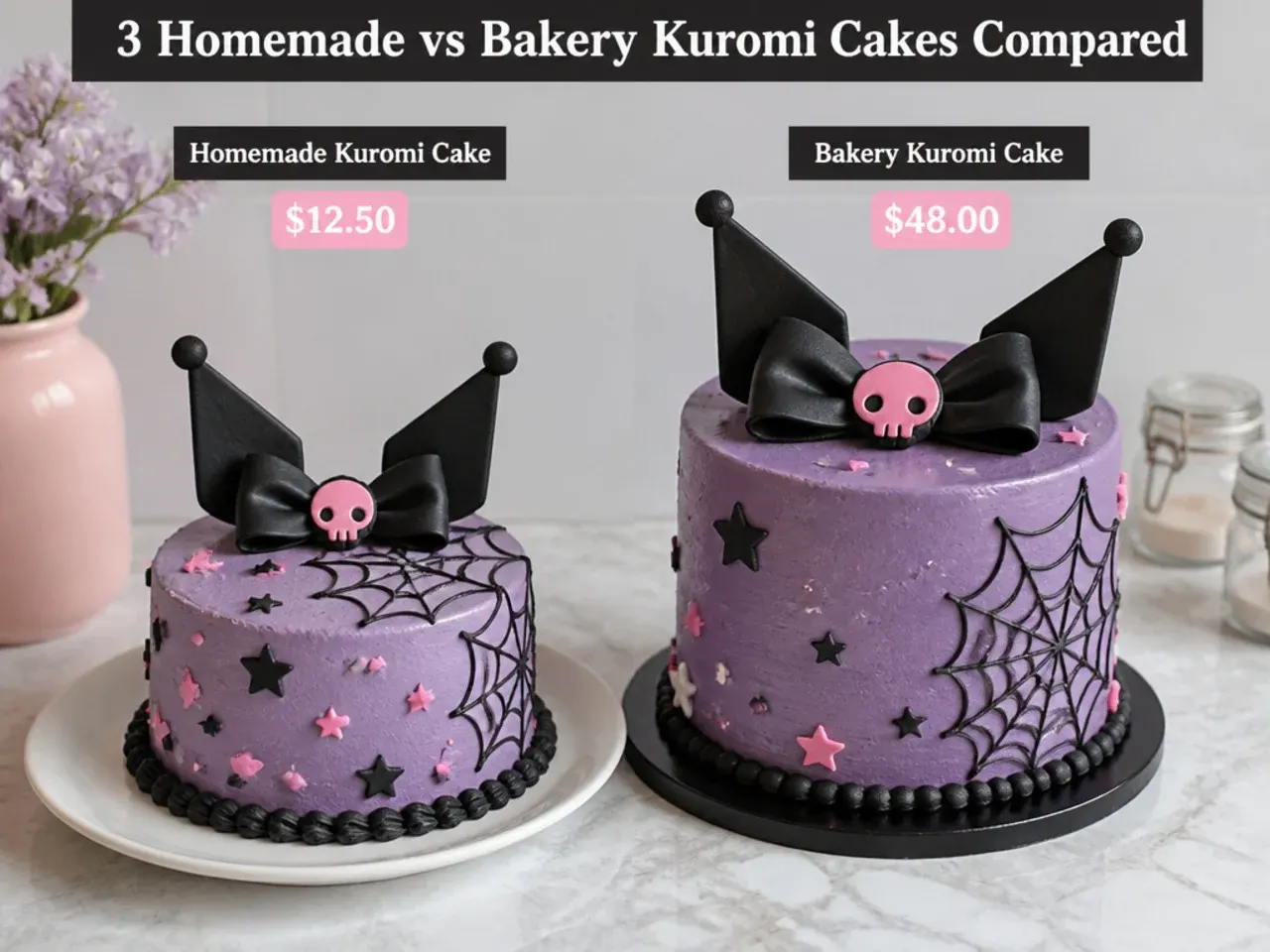 Cost comparison of a homemade kuromi cake versus a bakery kuromi cake with price labels