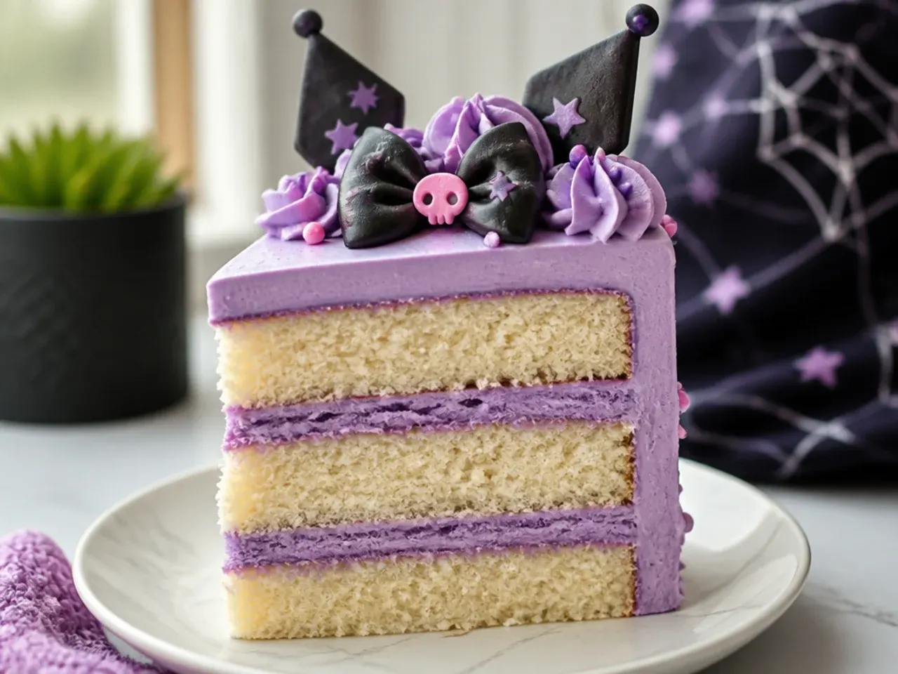 Cross-section of a kuromi cake slice showing moist vanilla crumb and purple buttercream layers