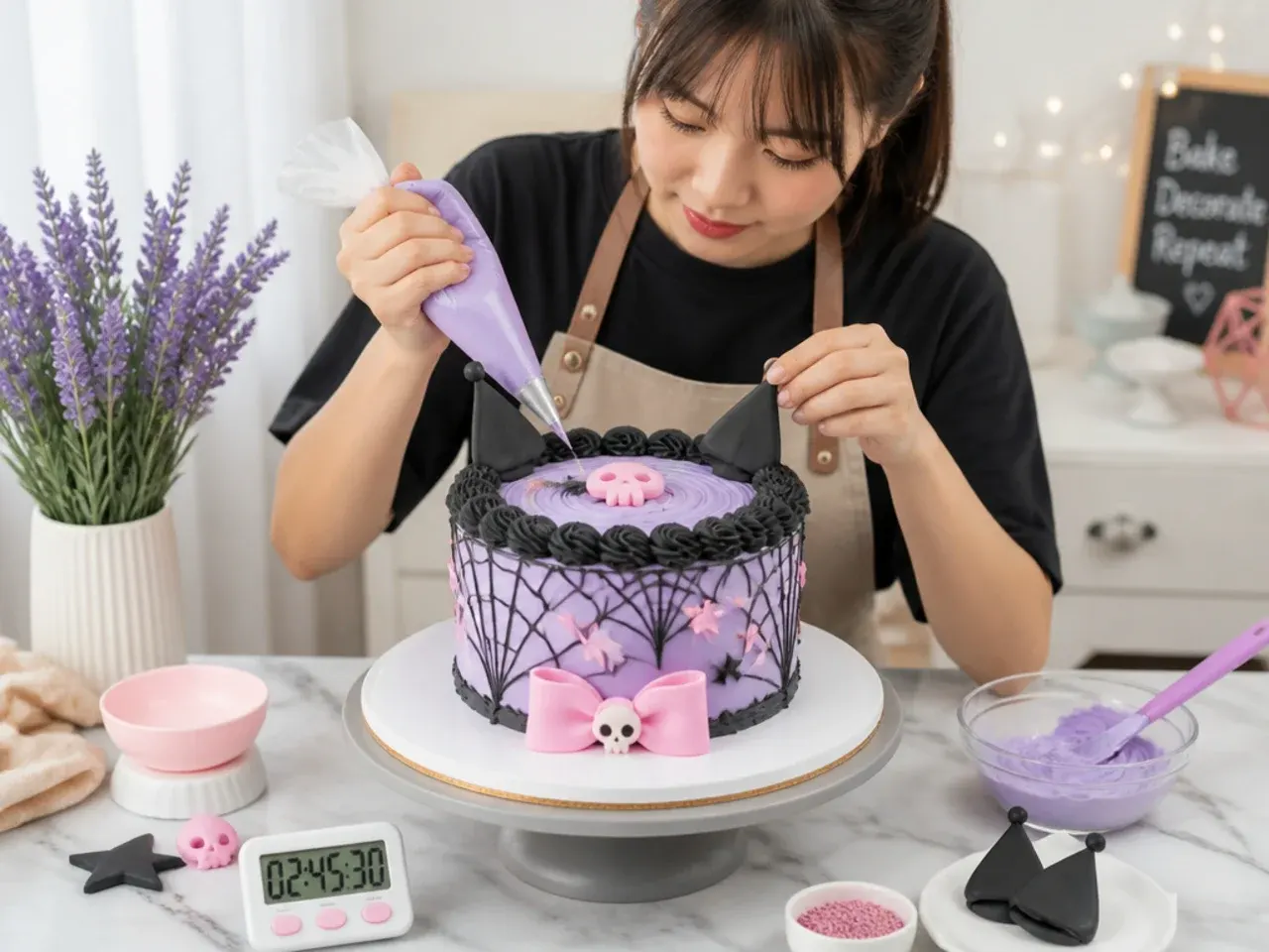 Home baker decorating a kuromi cake with piping bag and fondant ears showing the time and effort involved