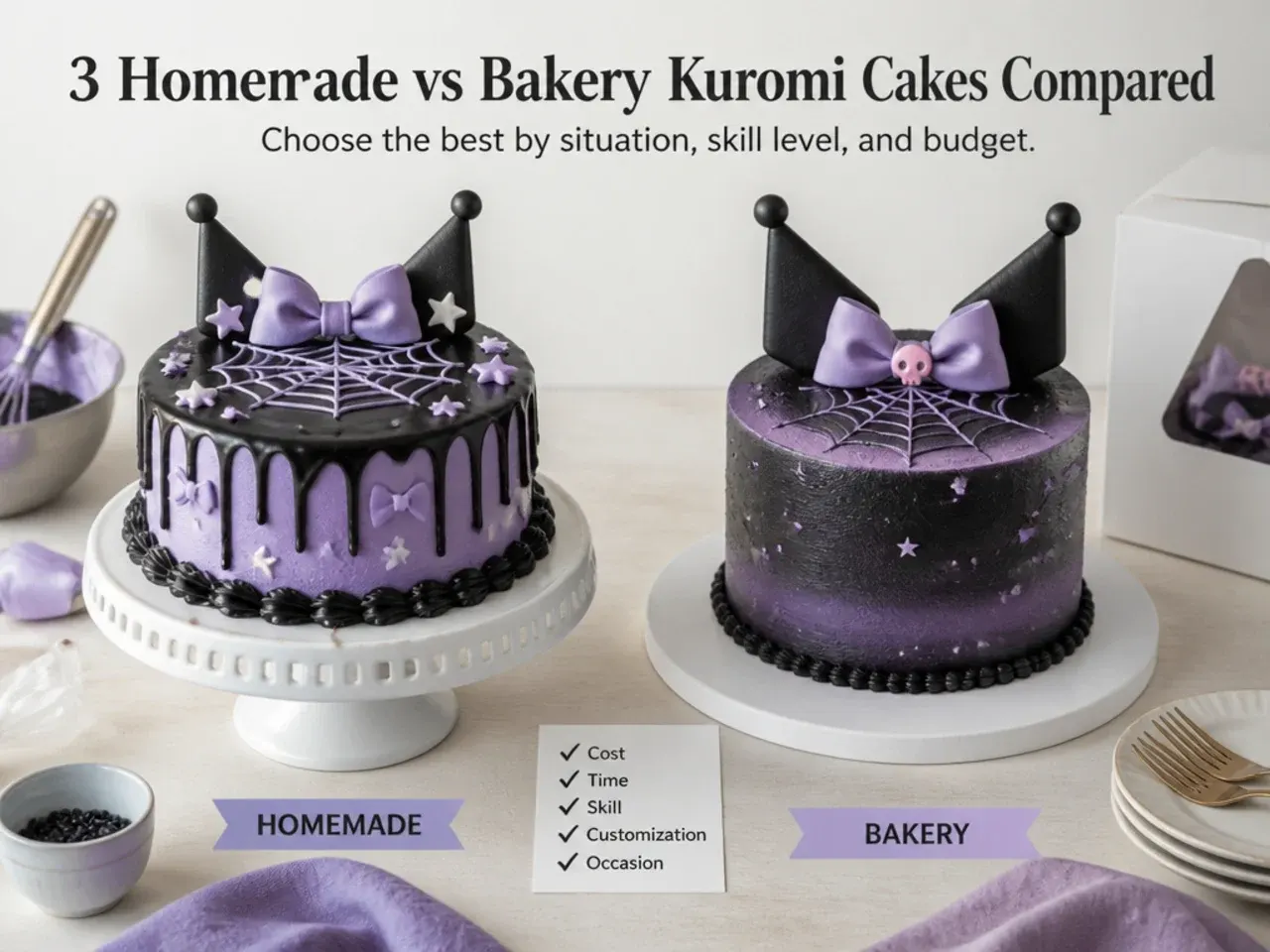Homemade and bakery kuromi cakes side by side to show the best choice by situation