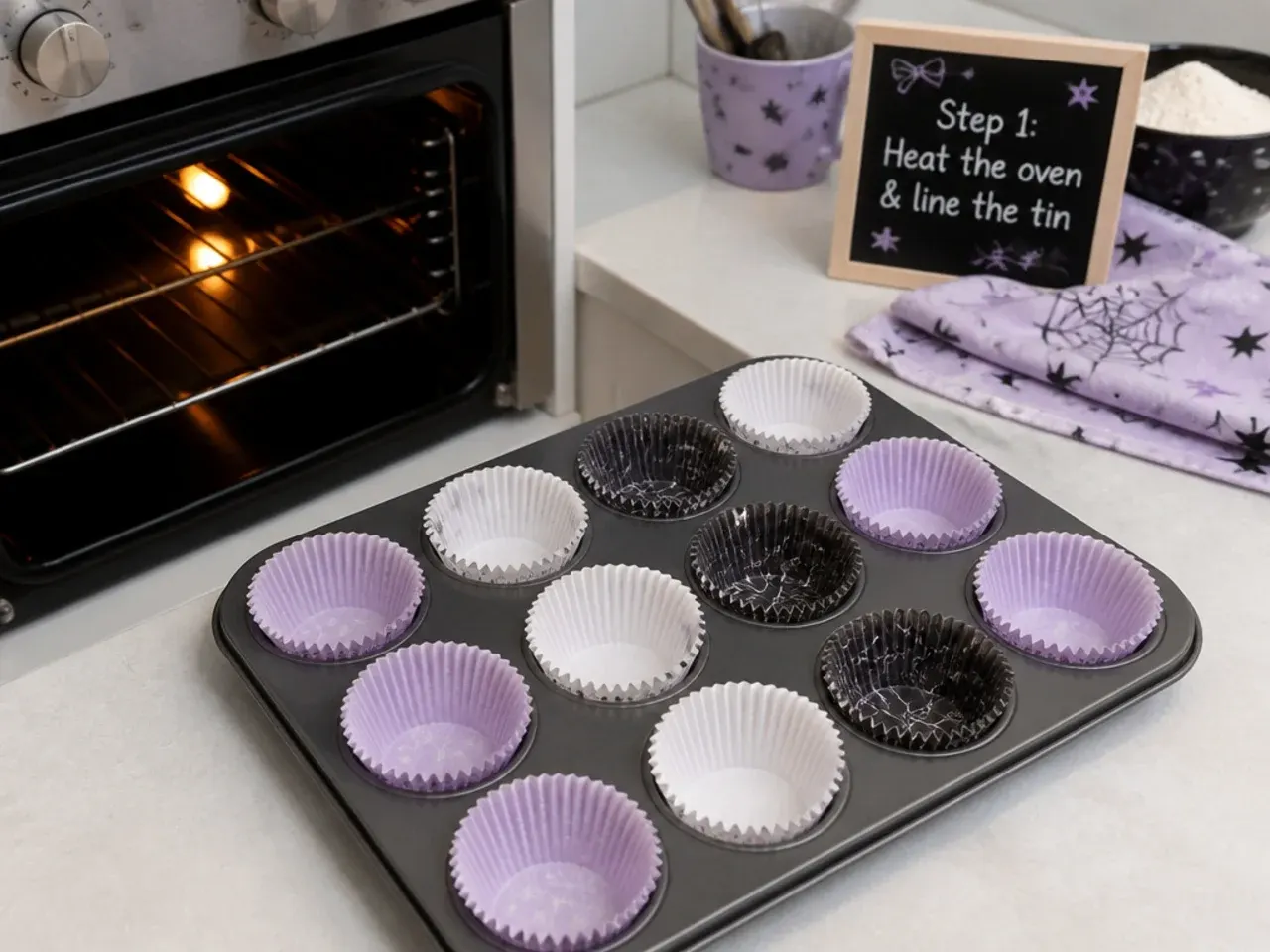 kuromi cupcakes — step 1: heat the oven and line the tin