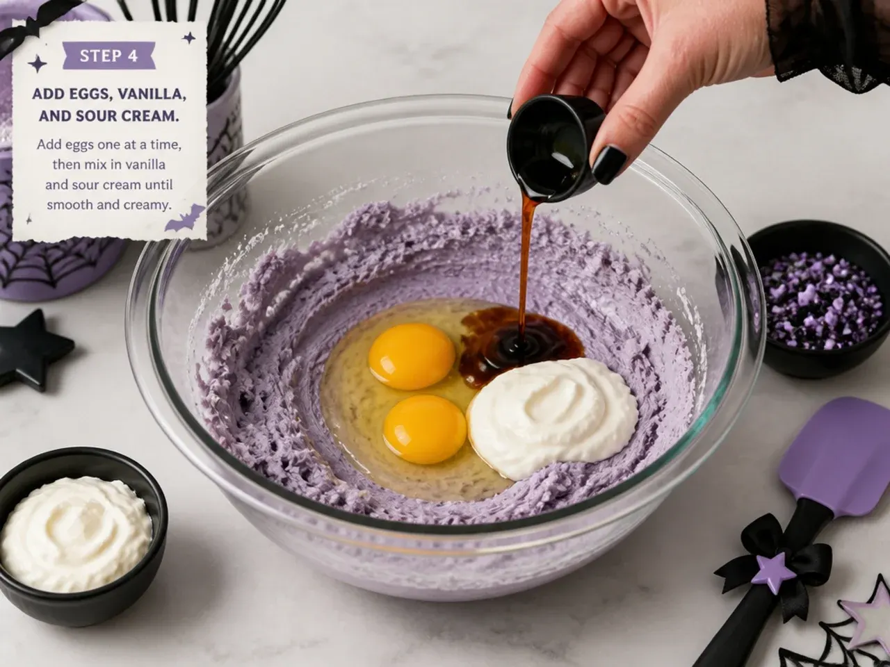 kuromi cupcakes — step 4: add eggs, vanilla, and sour cream