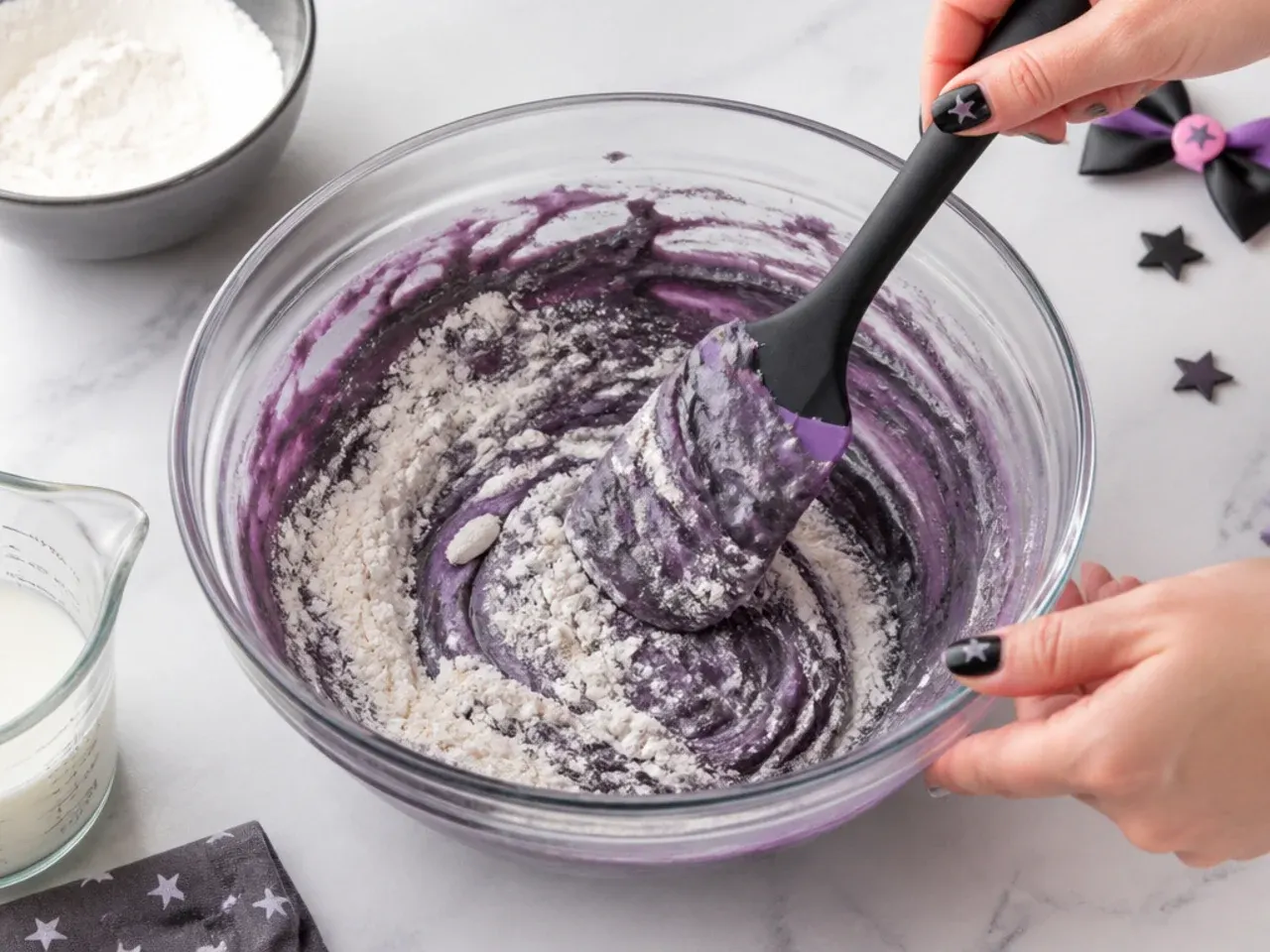 kuromi cupcakes — step 5: fold in the flour and milk