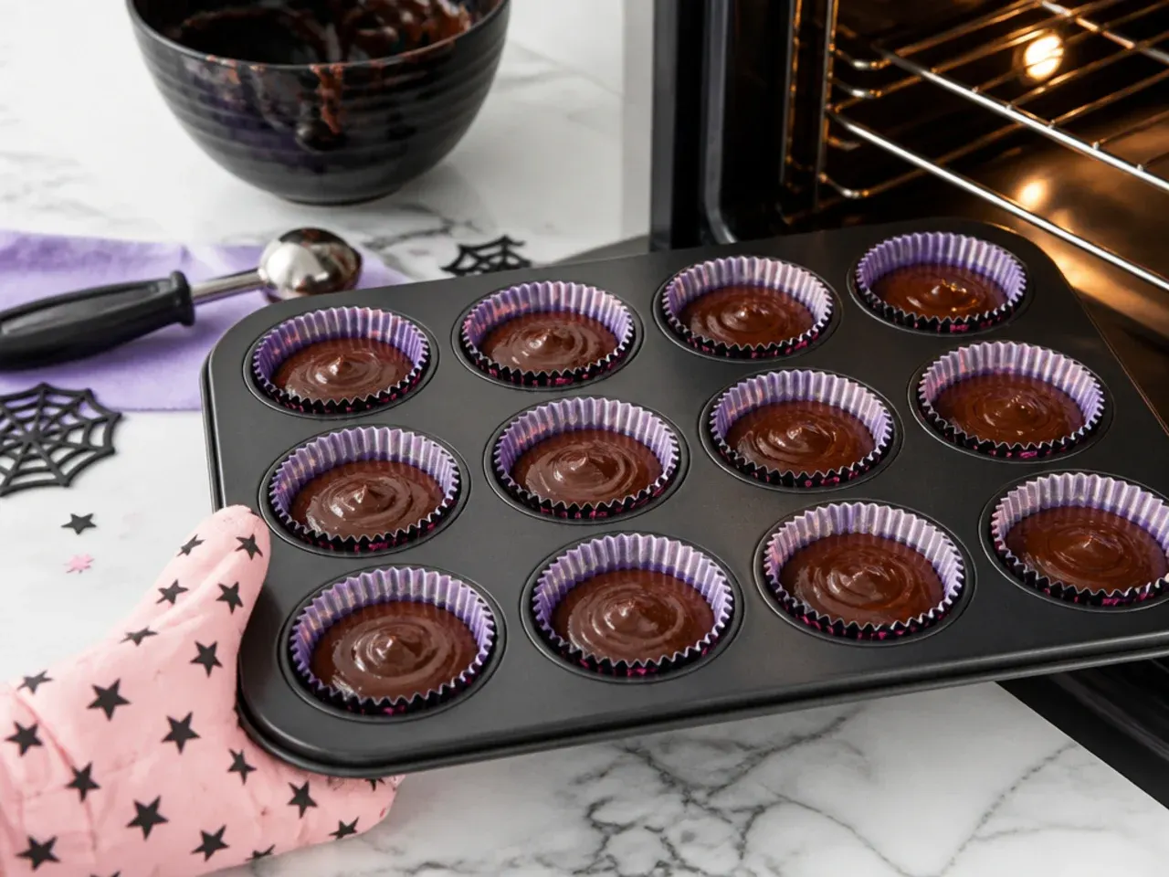 kuromi cupcakes — step 6: fill the liners and bake
