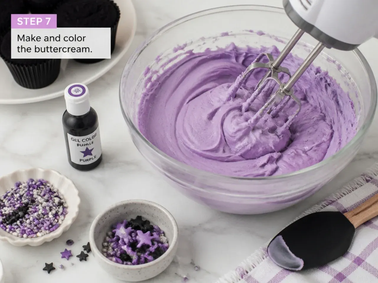 kuromi cupcakes — step 7: make and color the buttercream
