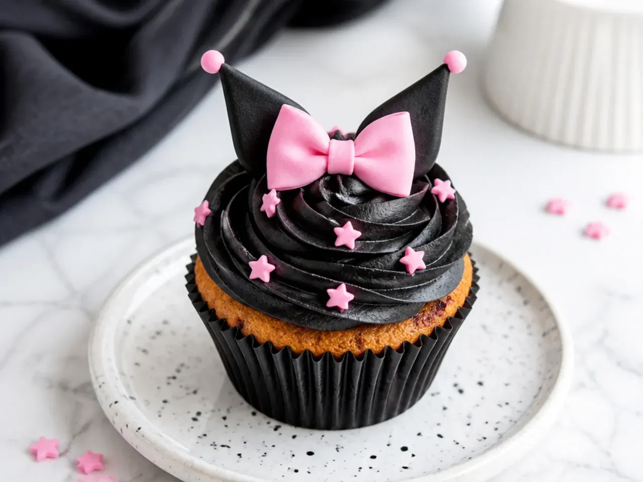 Easy beginner Kuromi cupcakes topped with pink star sprinkles on black frosting