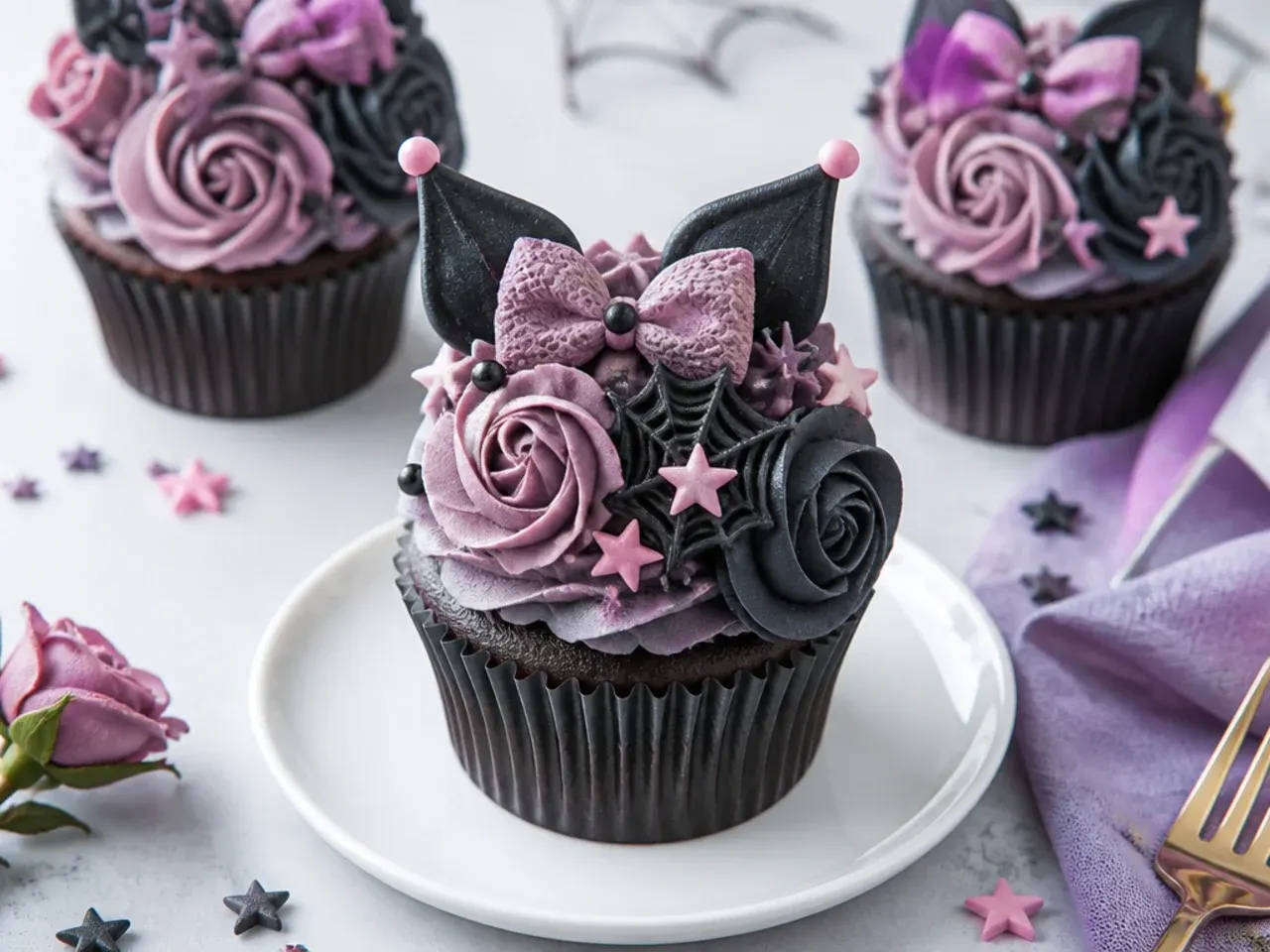Elegant Kuromi cupcakes with piped mauve and charcoal buttercream roses