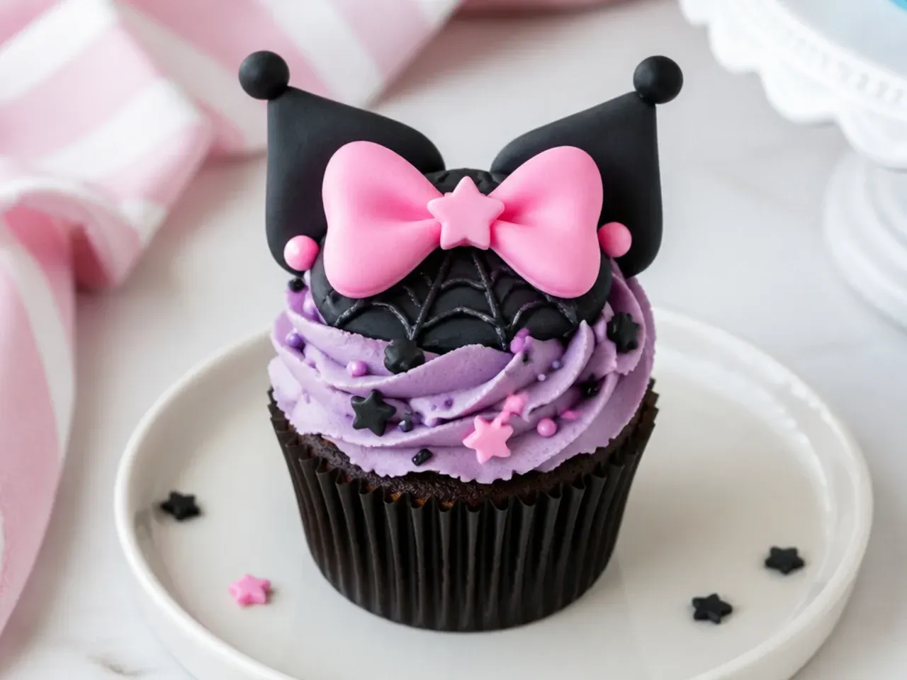 Playful Kuromi cupcakes topped with pink fondant jester bows