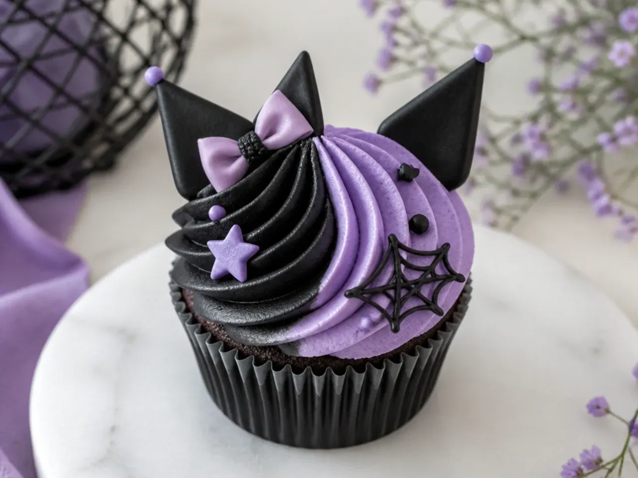 Modern geometric Kuromi cupcakes with a diagonal black and lavender frosting split