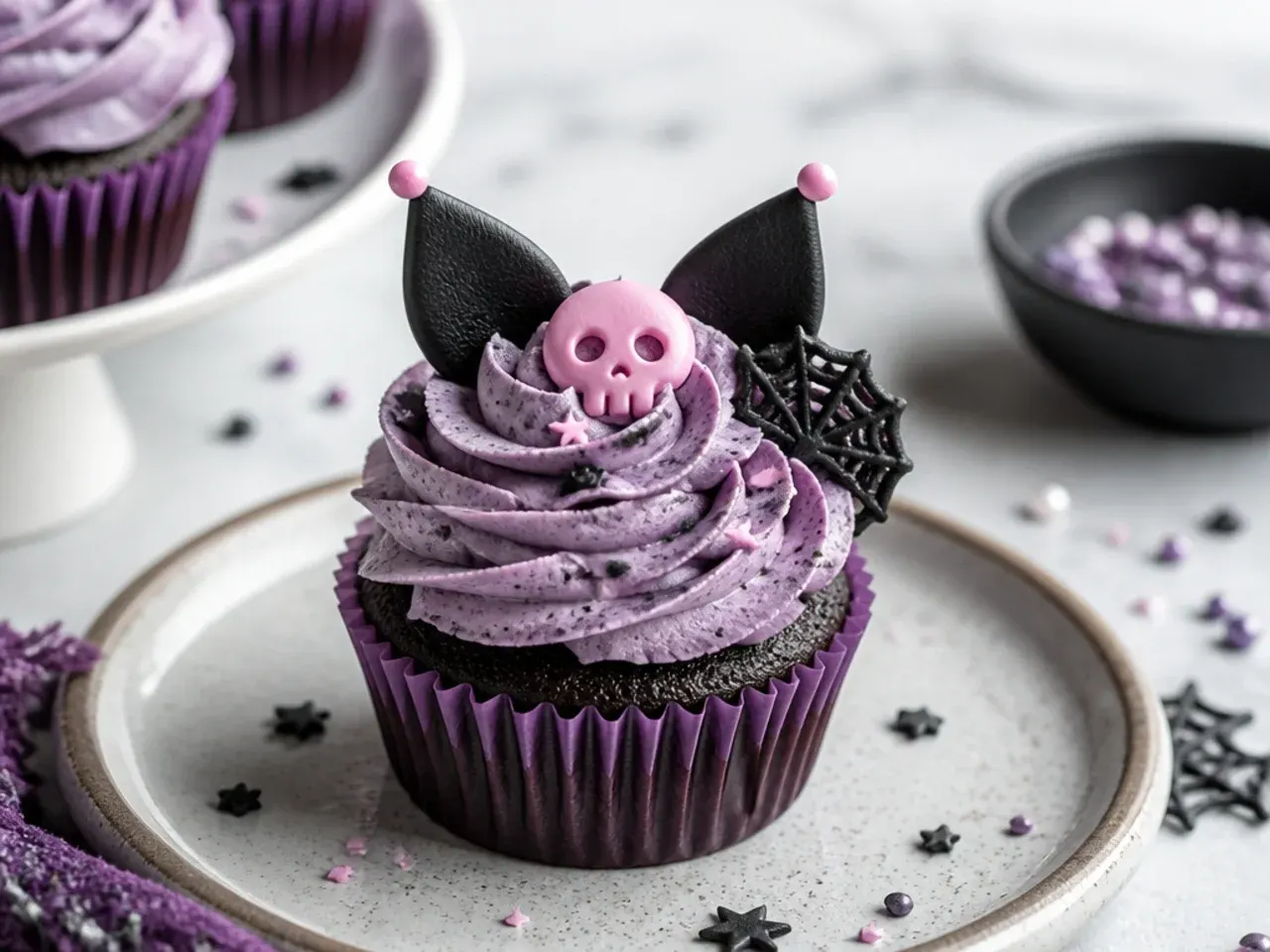 Rustic Kuromi cupcakes with textured heathered purple buttercream rosettes