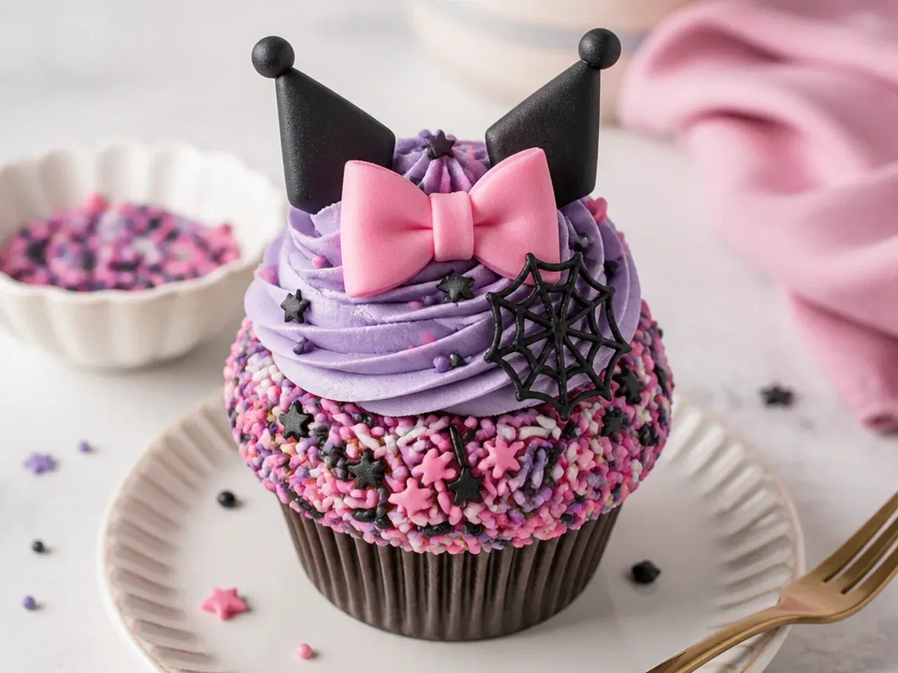 Colorful Kuromi cupcakes rolled in rainbow sprinkles with a pink fondant bow