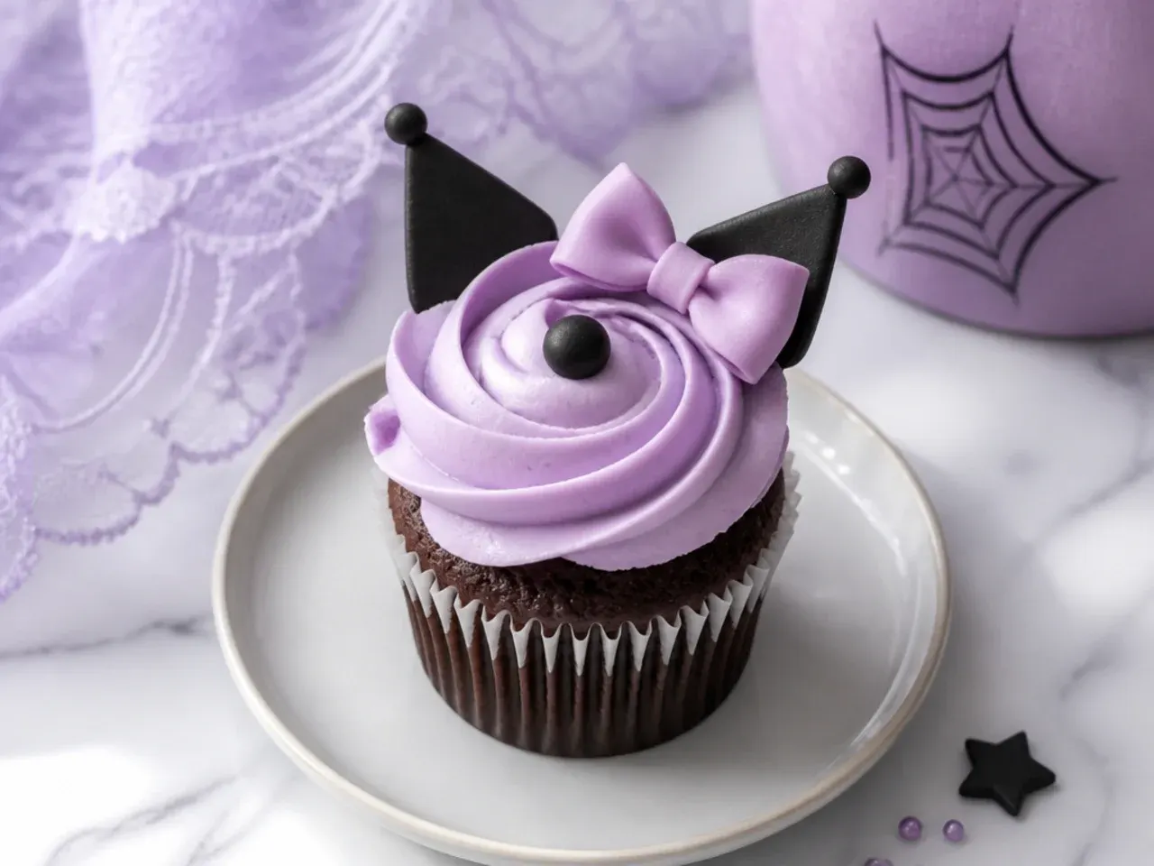 Minimal Kuromi cupcakes with a single black fondant dot on lavender frosting