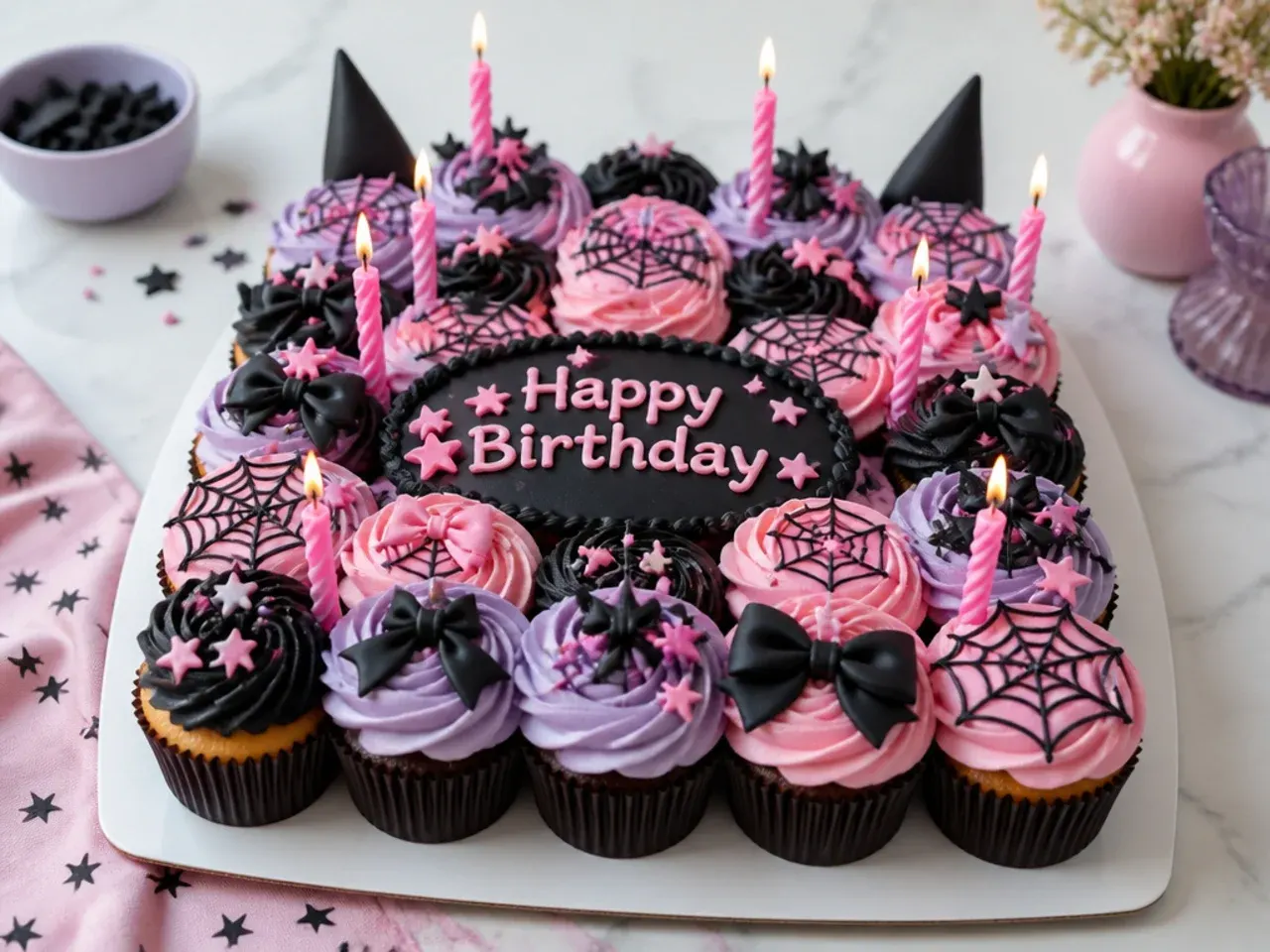 Festive Kuromi cupcakes arranged as a birthday pull-apart with pink spiral candles