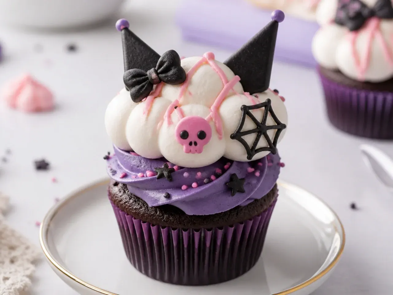 Whimsical Kuromi cupcakes topped with baked meringue clouds and pink icing lines