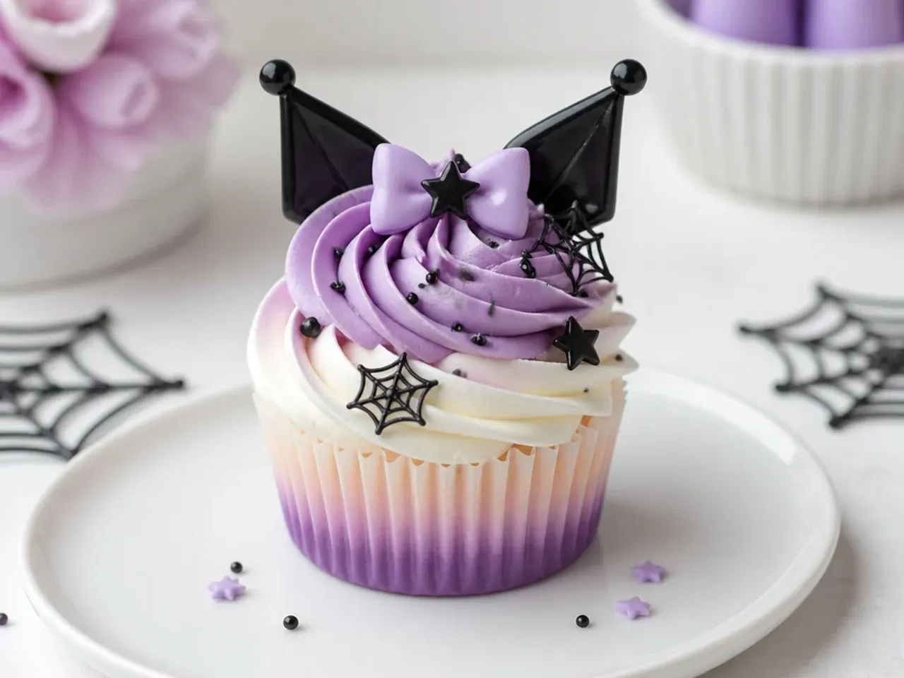 Delicate pastel ombre Kuromi cupcakes fading from lilac to white