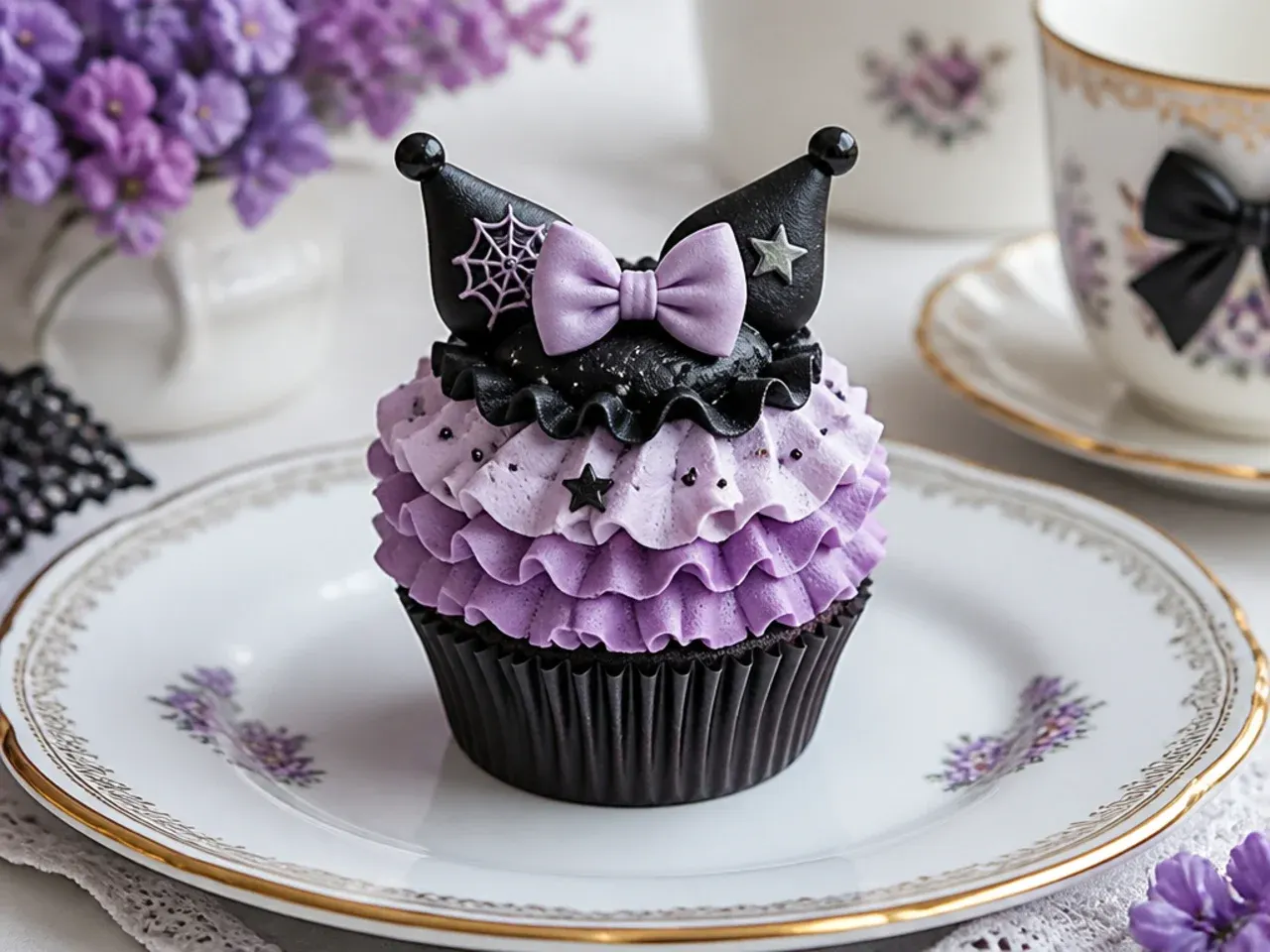 Vintage Kuromi cupcakes with ruffled antique lavender buttercream frills