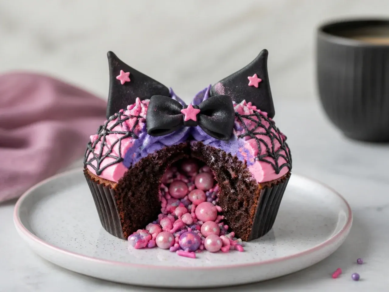 Creative Kuromi cupcakes cut open to reveal a pink candy pinata surprise center