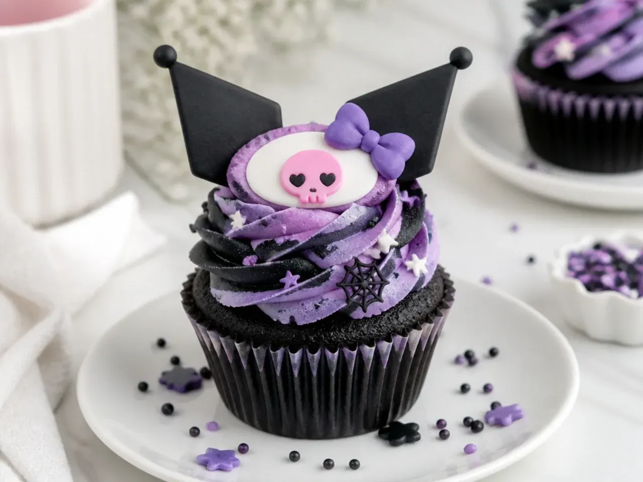 Kuromi cupcakes topped with white and black fondant floppy ear toppers