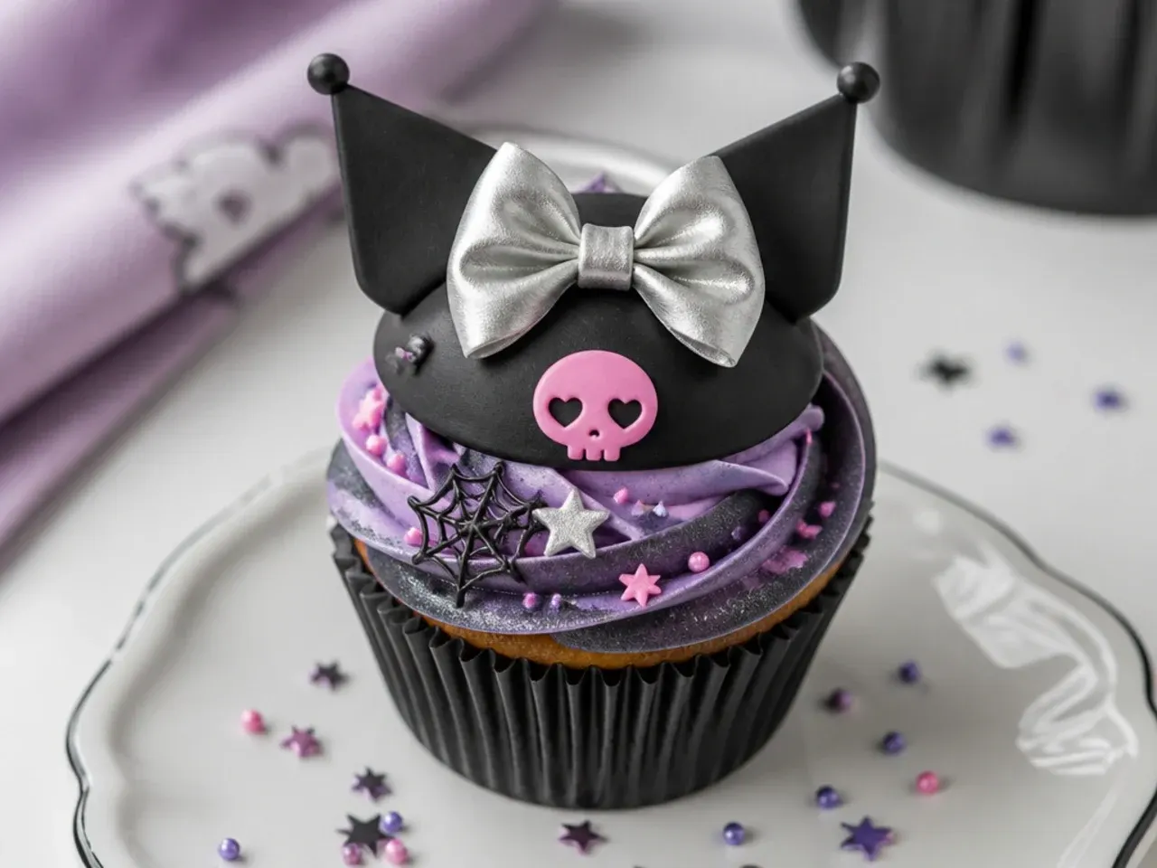 Elegant Kuromi cupcakes with silver metallic-painted fondant bow accents