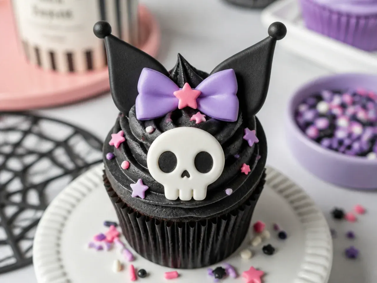 Playful Kuromi cupcakes with white royal-icing skull accents on black frosting