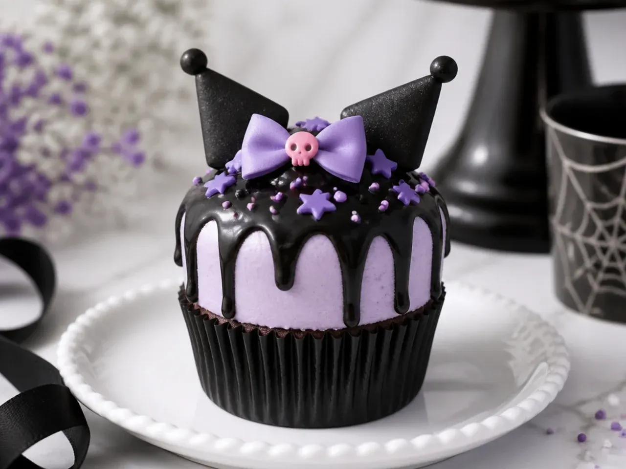 Modern Kuromi cupcakes with black ganache drips down lavender frosting