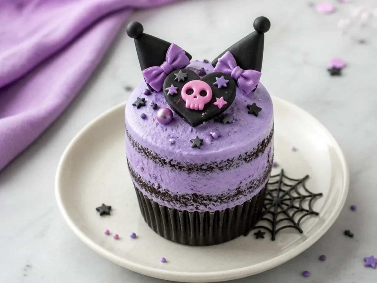 Rustic semi-naked Kuromi cupcakes with a thin lavender frosting scrape over dark cake