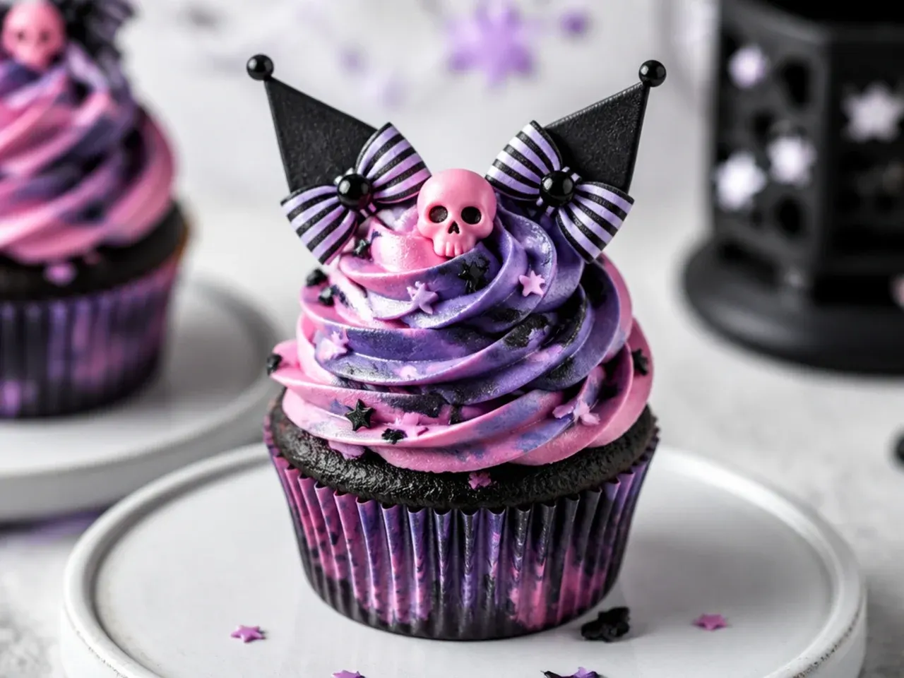 Colorful tie-dye Kuromi cupcakes with purple, pink, and black streaked buttercream