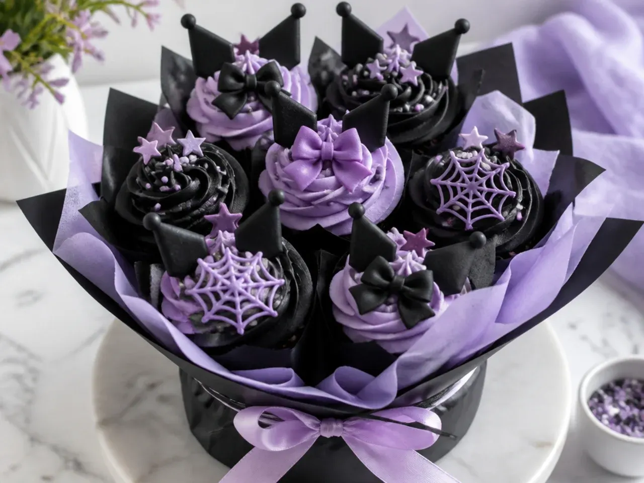 Festive Kuromi cupcakes arranged as a lavender and black frosting bouquet