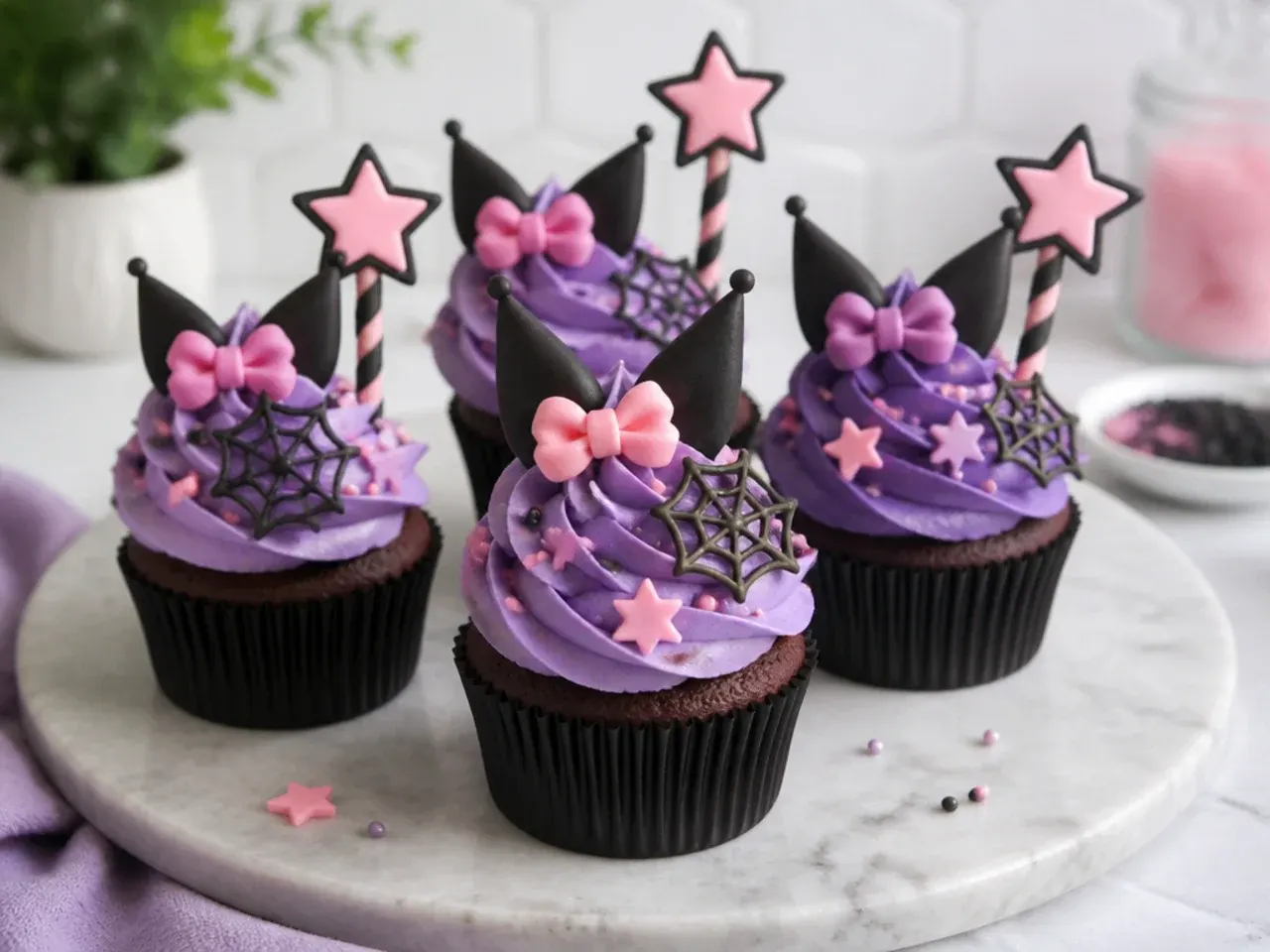 Whimsical Kuromi cupcakes with pink and purple fondant star-wand toppers