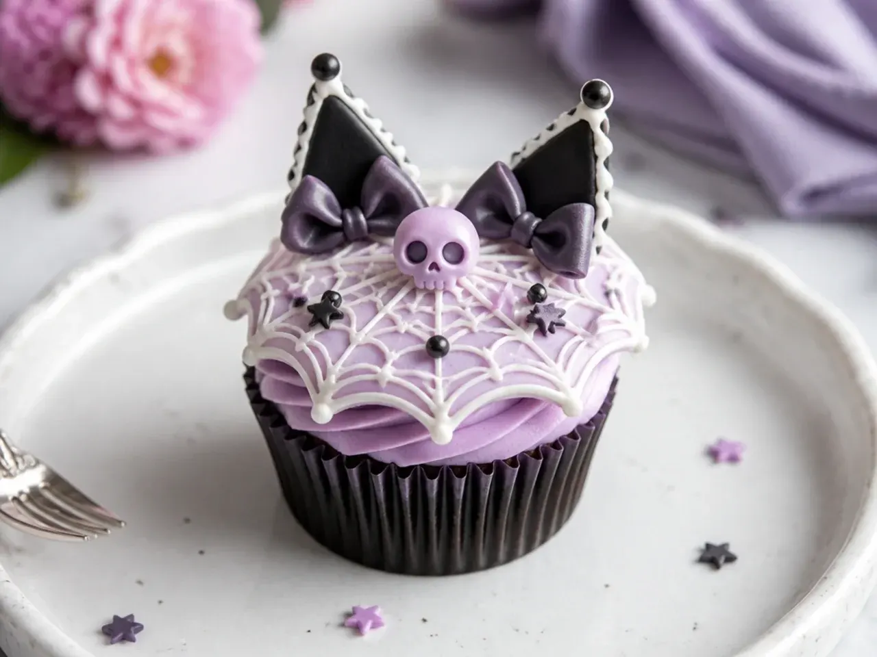 Delicate Kuromi cupcakes with fine white royal-icing lace over lavender buttercream