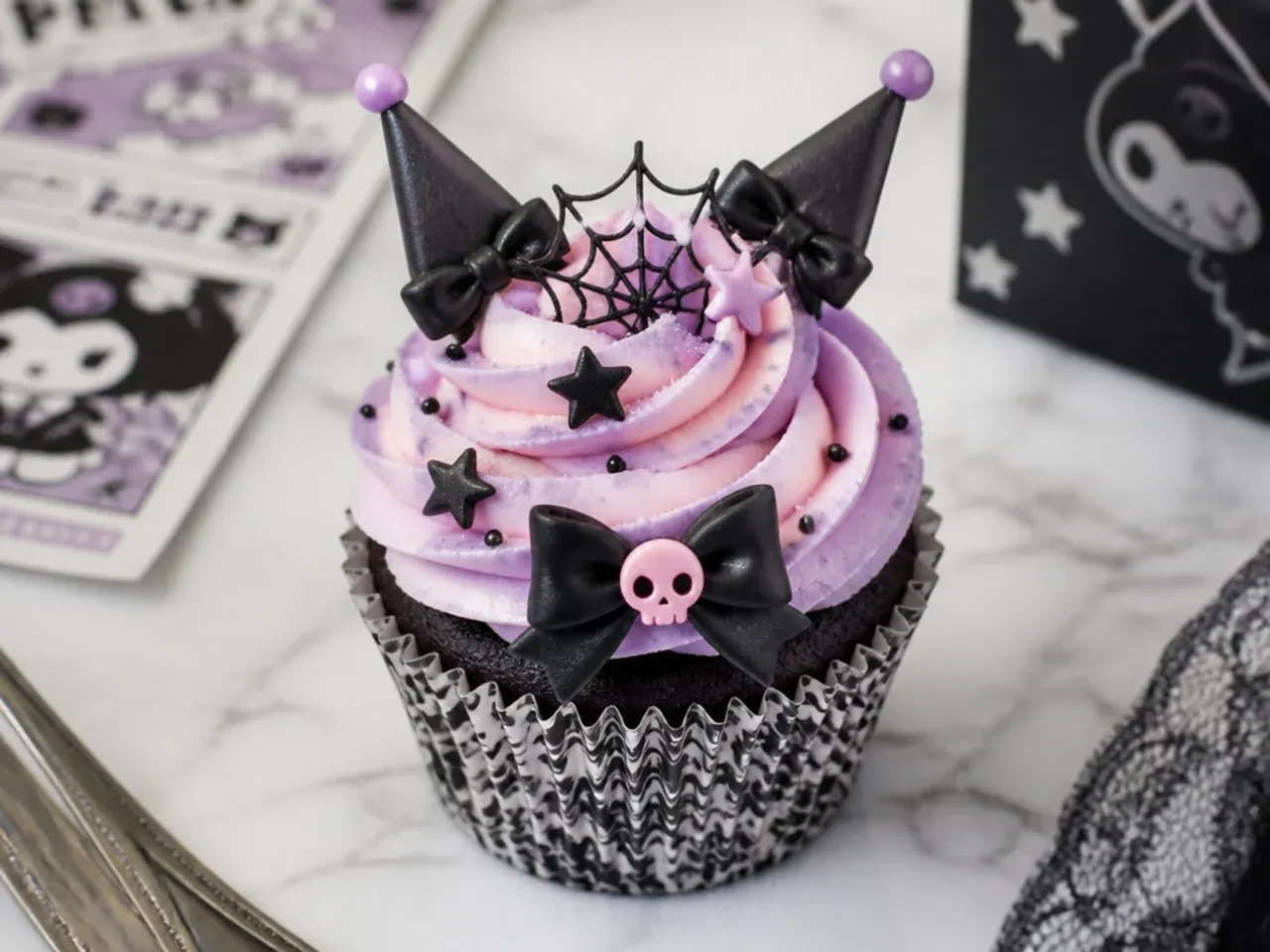 Vintage Kuromi cupcakes in patterned foil liners with pale rose-lavender swirls