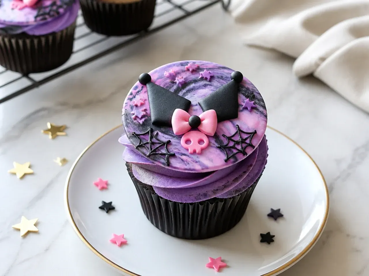 Creative Kuromi cupcakes topped with marbled pink, purple, and black fondant discs
