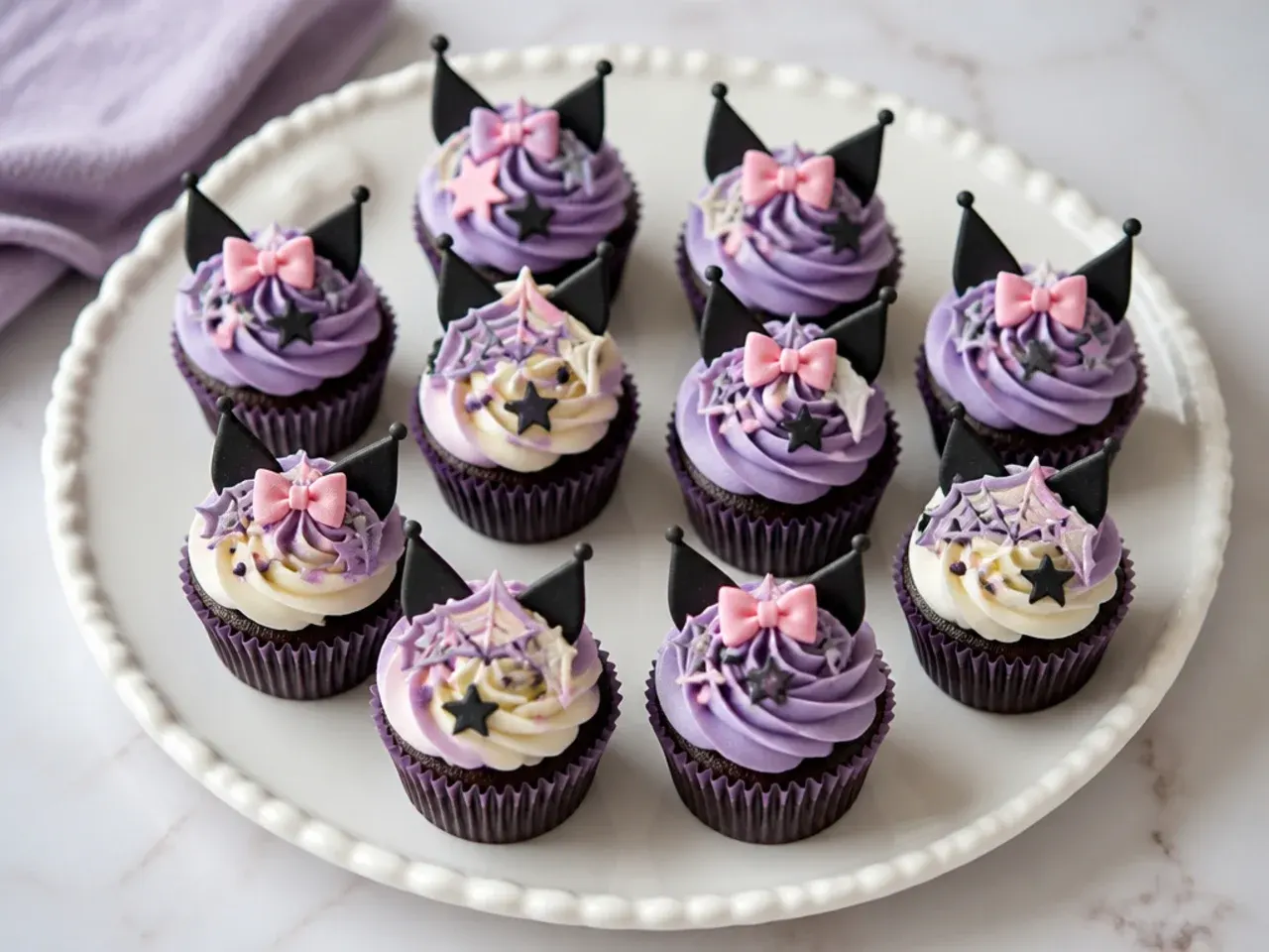 Charming platter of mini Kuromi cupcakes with tiny swirls and micro fondant bows