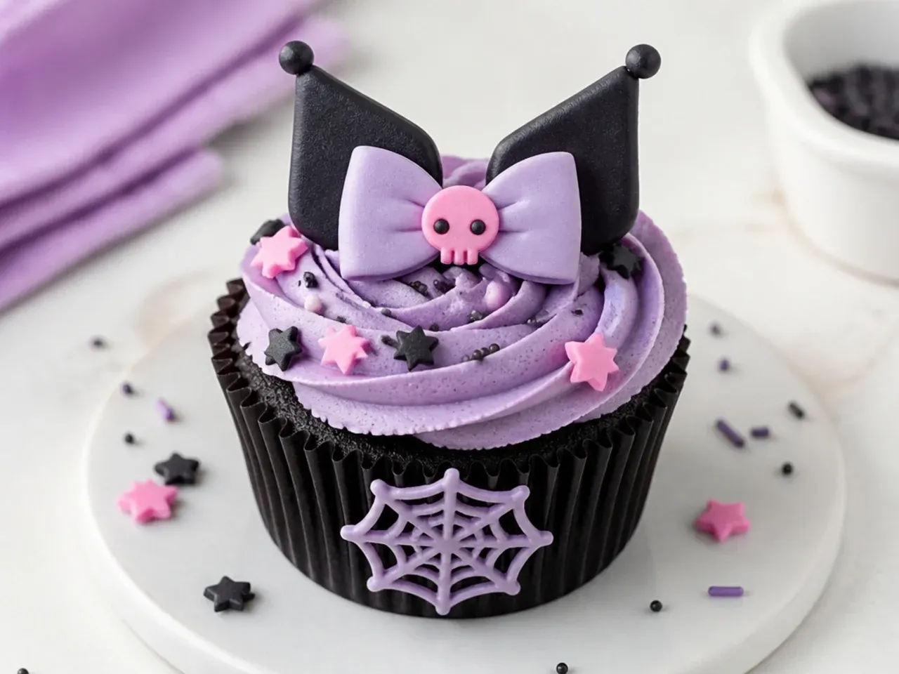 Kuromi cupcakes decorating tips with fondant toppers and tinted buttercream