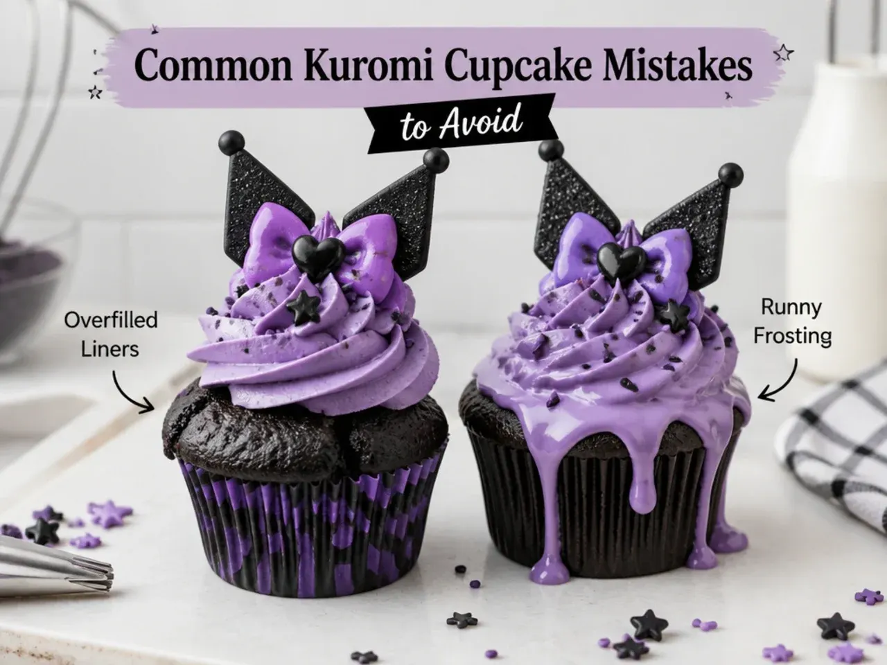 Common Kuromi cupcakes mistakes to avoid including overfilled liners and runny frosting