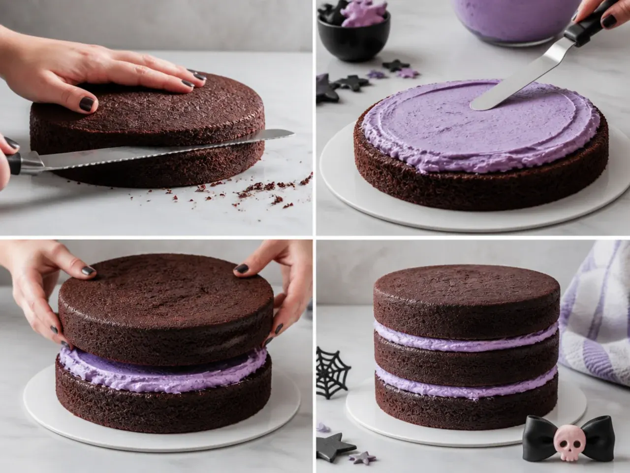 kuromi fondant cake — step 2: level, fill and stack the layers