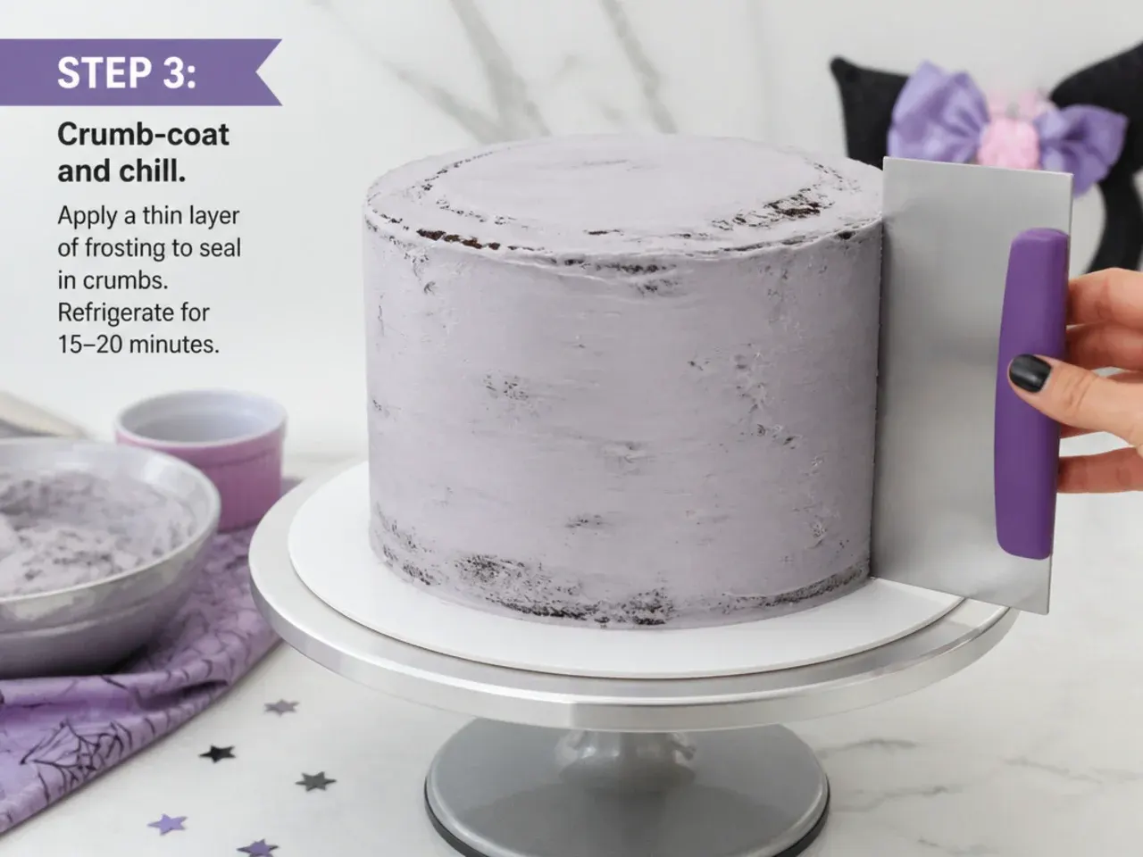 kuromi fondant cake — step 3: crumb-coat and chill