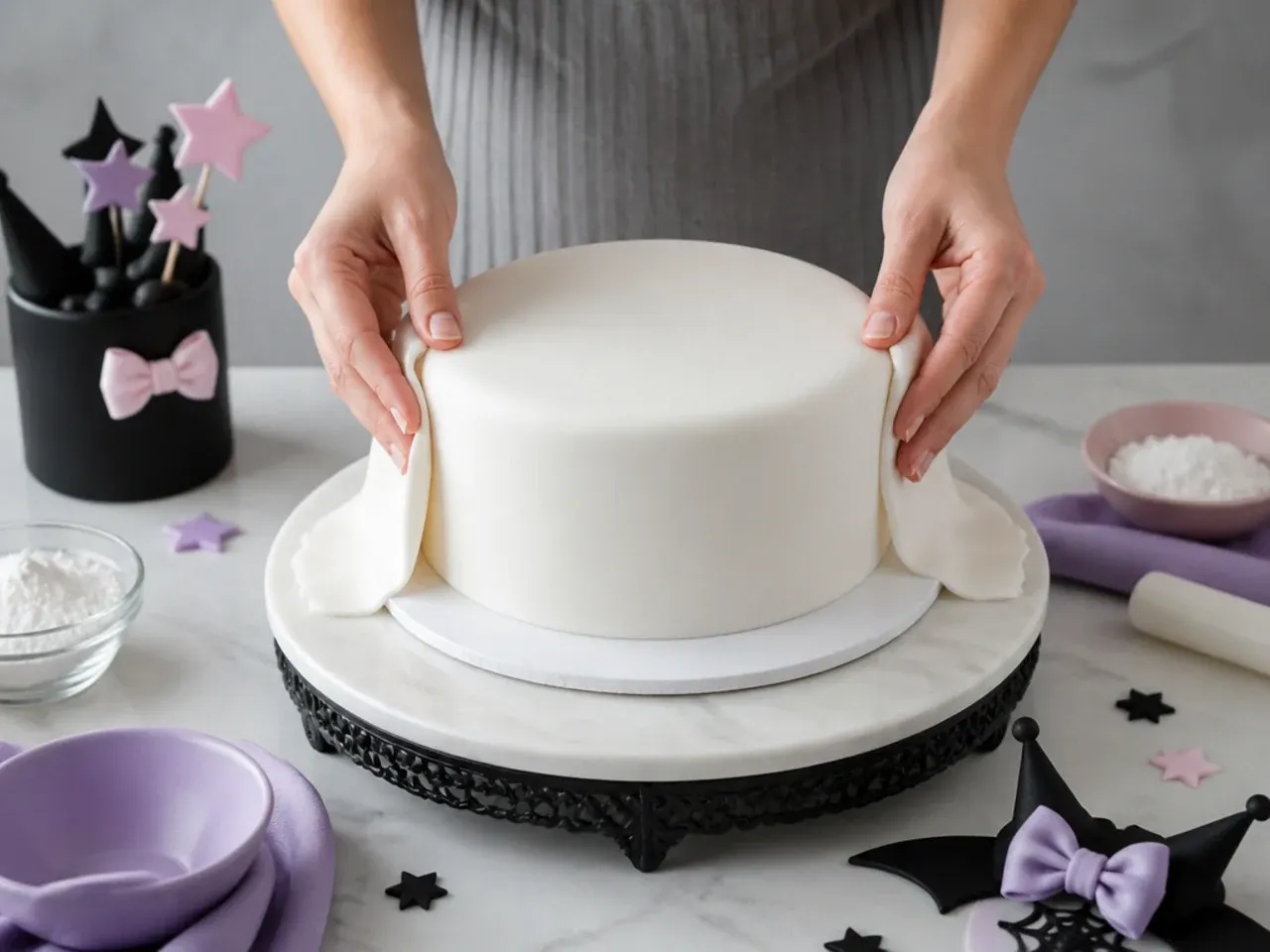 kuromi fondant cake — step 4: cover the cake in smooth white fondant