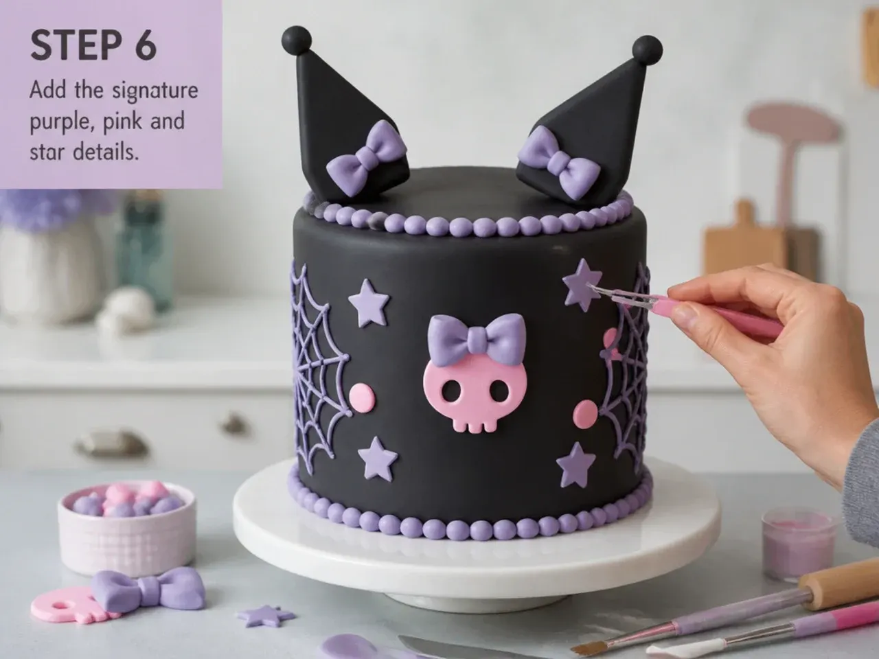 kuromi fondant cake — step 6: add the signature purple, pink and star details