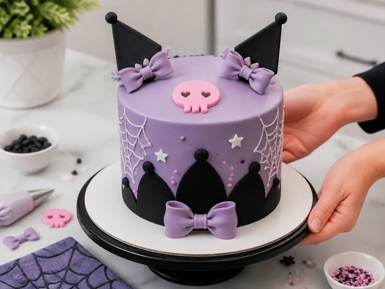 kuromi fondant cake — step 7: finish, set and present