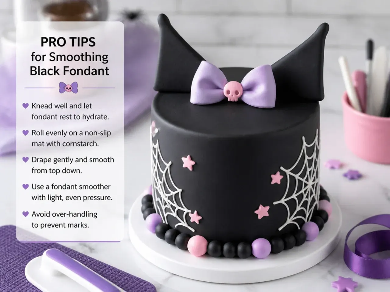 Pro tips for smoothing black fondant on a cute Kuromi fondant cake