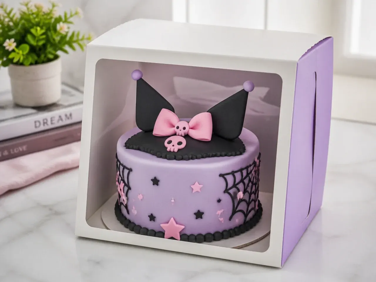 Boxed Kuromi fondant cake stored at room temperature to keep the surface smooth
