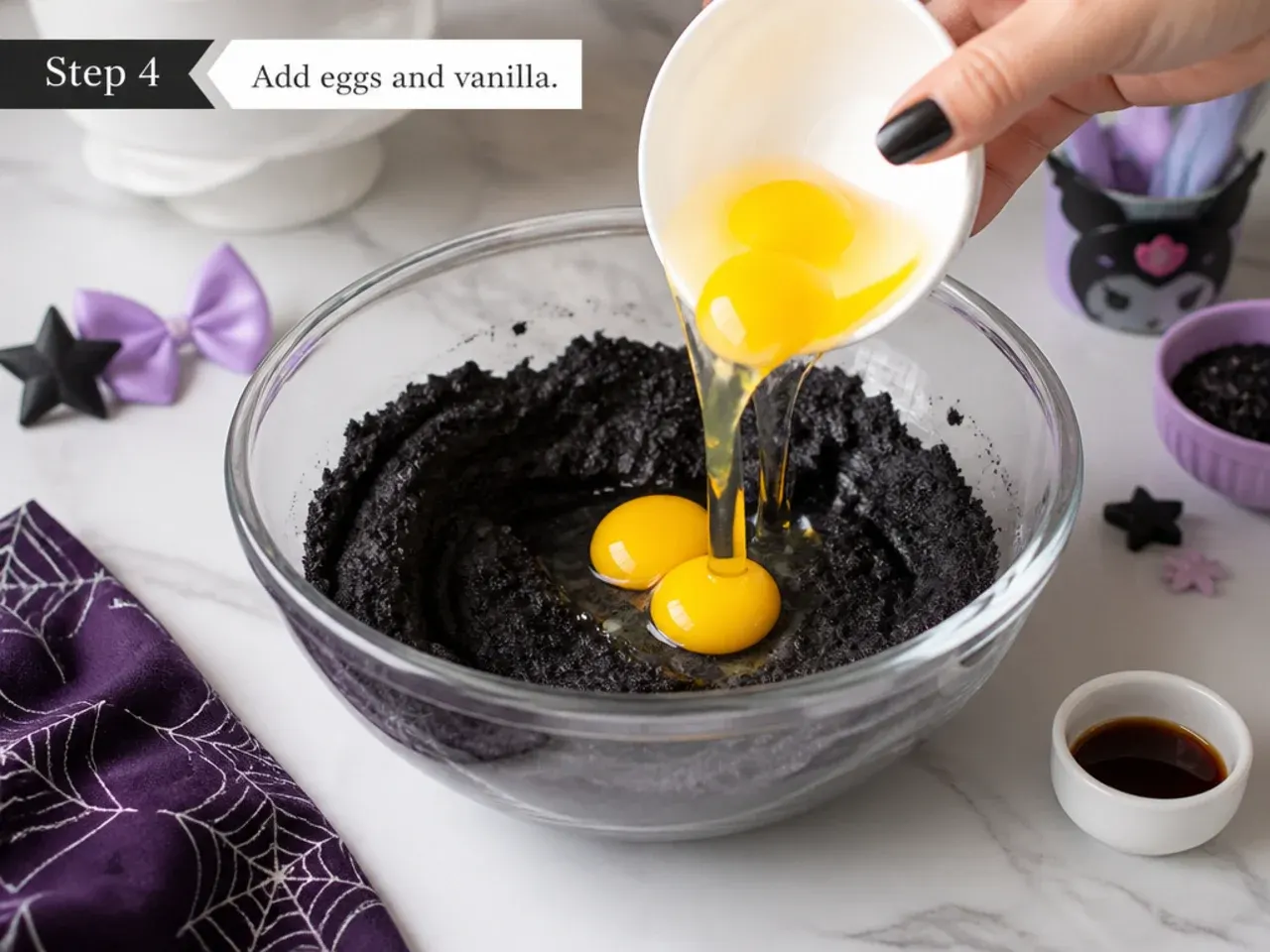 kuromi smash cake — step 4: add eggs and vanilla